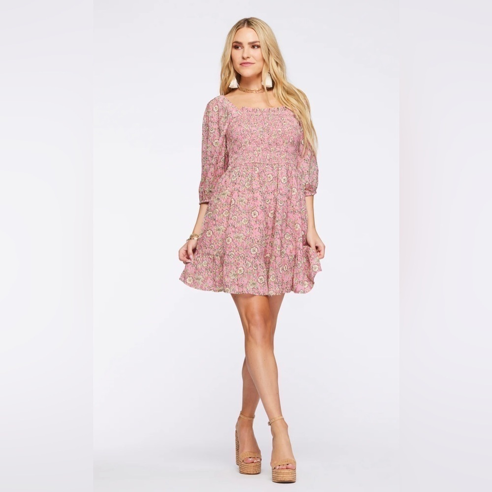 Nwt-Jessica Simpson Aldan Short Sleeve Smocked Wild Rose Botanical Dots Size Med